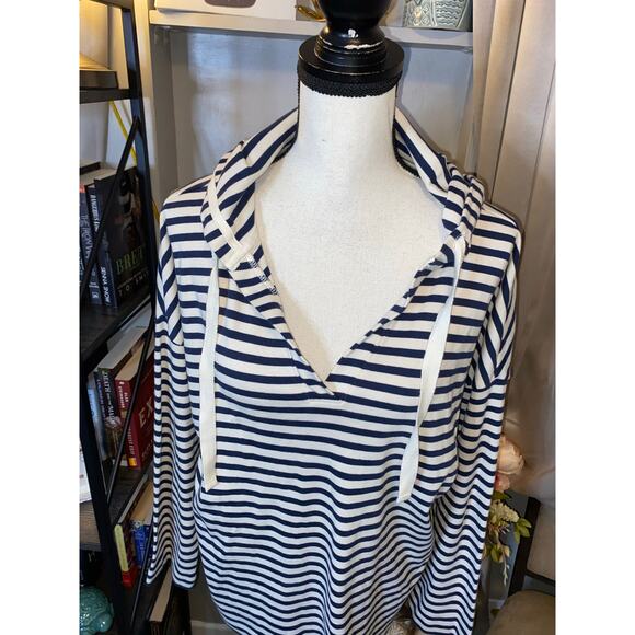 Lou & Grey Womens Small Striped Hoodie Organic Cotton NWT Navy White $69.50 - Picture 2 of 10